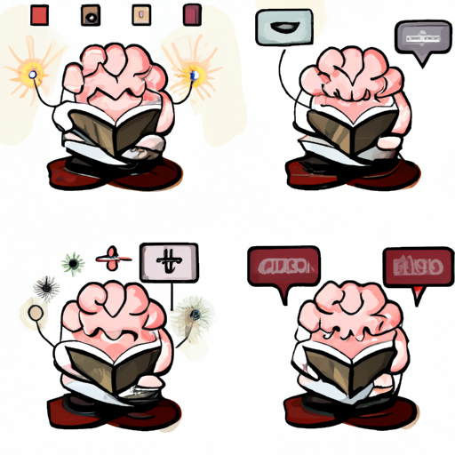 המחשה של מוח עם פעילויות שונות כמו קריאה, מדיטציה, המסמלות רווחה נפשית