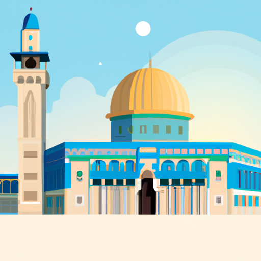 נוף שליו ומלכותי של מסגד אל-אקצא, הניצב חוסן על רקע השמים התכלים.