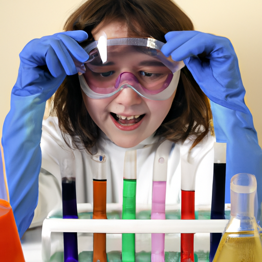 תמונה של ילד שמתנסה בהתרגשות עם ערכת מדע, מוקף במבחנות צבעוניות ומשקפי בטיחות.