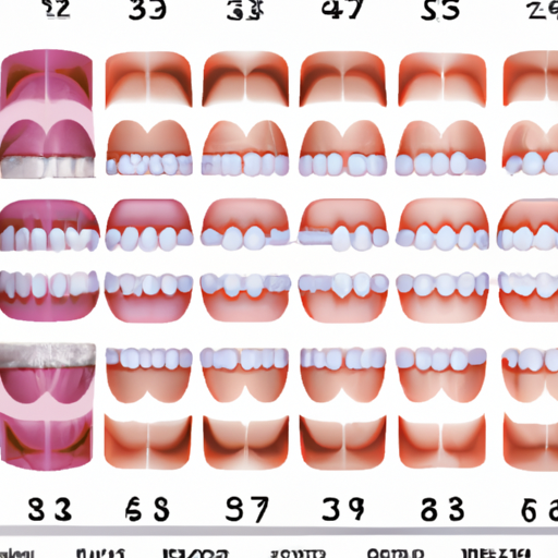 איור של סט שלם של שיניים למבוגרים המדגיש את מספרן ומיקומן.