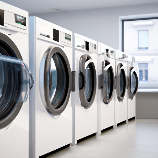 1. שורה של מכונות כביסה מסחריות במכבסה מודרנית